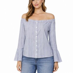 Free People RARE Size Medium Blue and White Striped Off-Shoulder Blouse